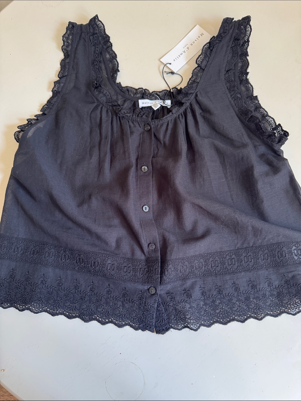 Maison d’Amelie Lace-Trim Black Button-Front Cropped Cotton Tank